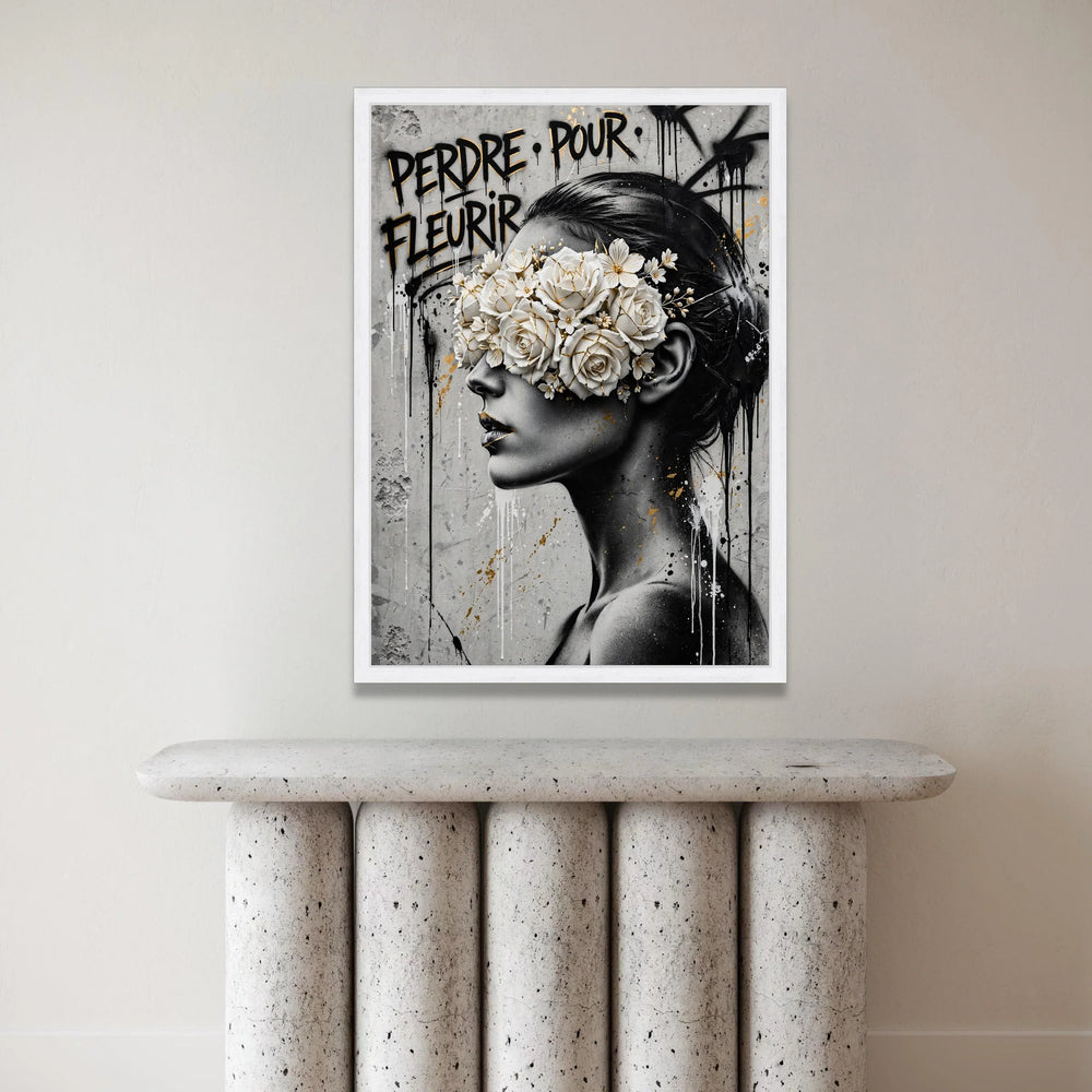 Modern Woman Portrait Canvas, Floral Mask Wall Art, Black White Gold Painting, Urban Graffiti Style Canvas, Contemporary Canvas Print Art