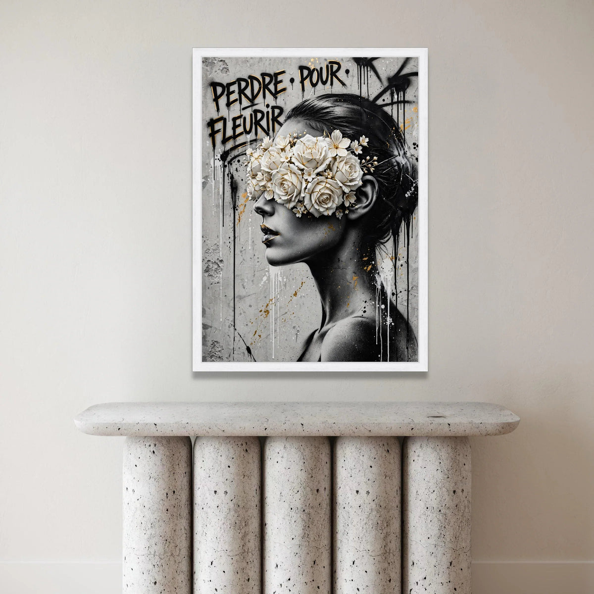 Modern Woman Portrait Canvas, Floral Mask Wall Art, Black White Gold Painting, Urban Graffiti Style Canvas, Contemporary Canvas Print Art