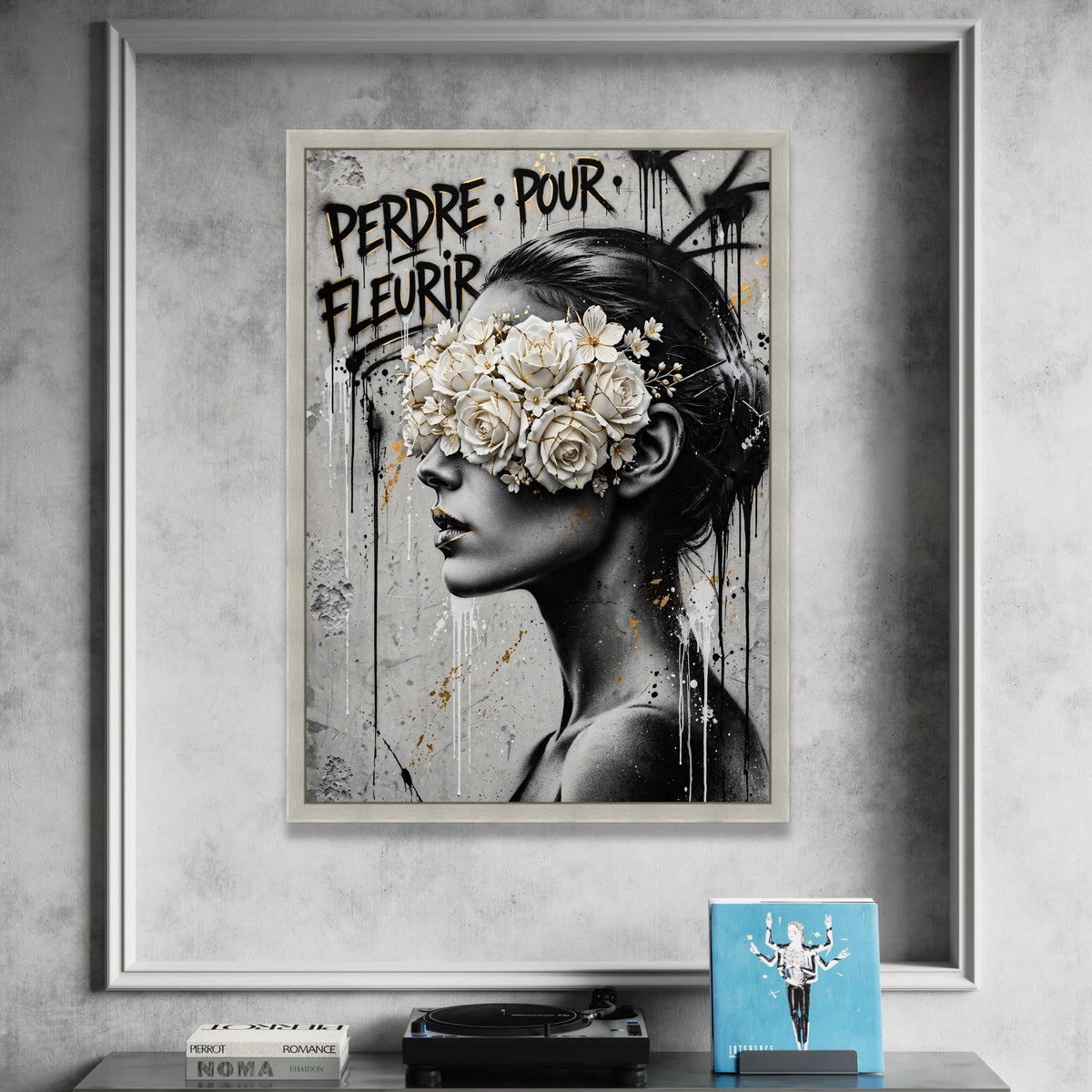 Modern Woman Portrait Canvas, Floral Mask Wall Art, Black White Gold Painting, Urban Graffiti Style Canvas, Contemporary Canvas Print Art