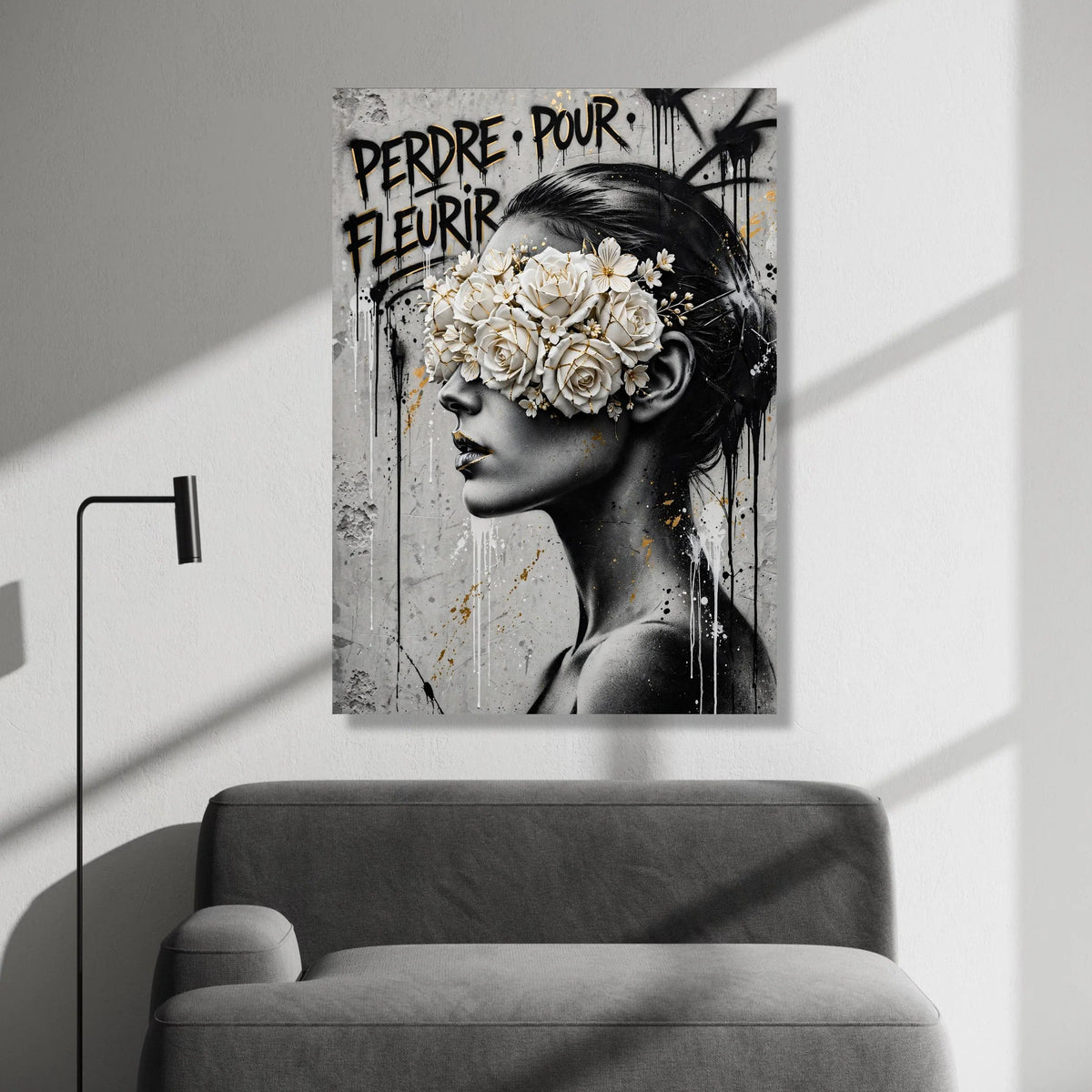 Modern Woman Portrait Canvas, Floral Mask Wall Art, Black White Gold Painting, Urban Graffiti Style Canvas, Contemporary Canvas Print Art