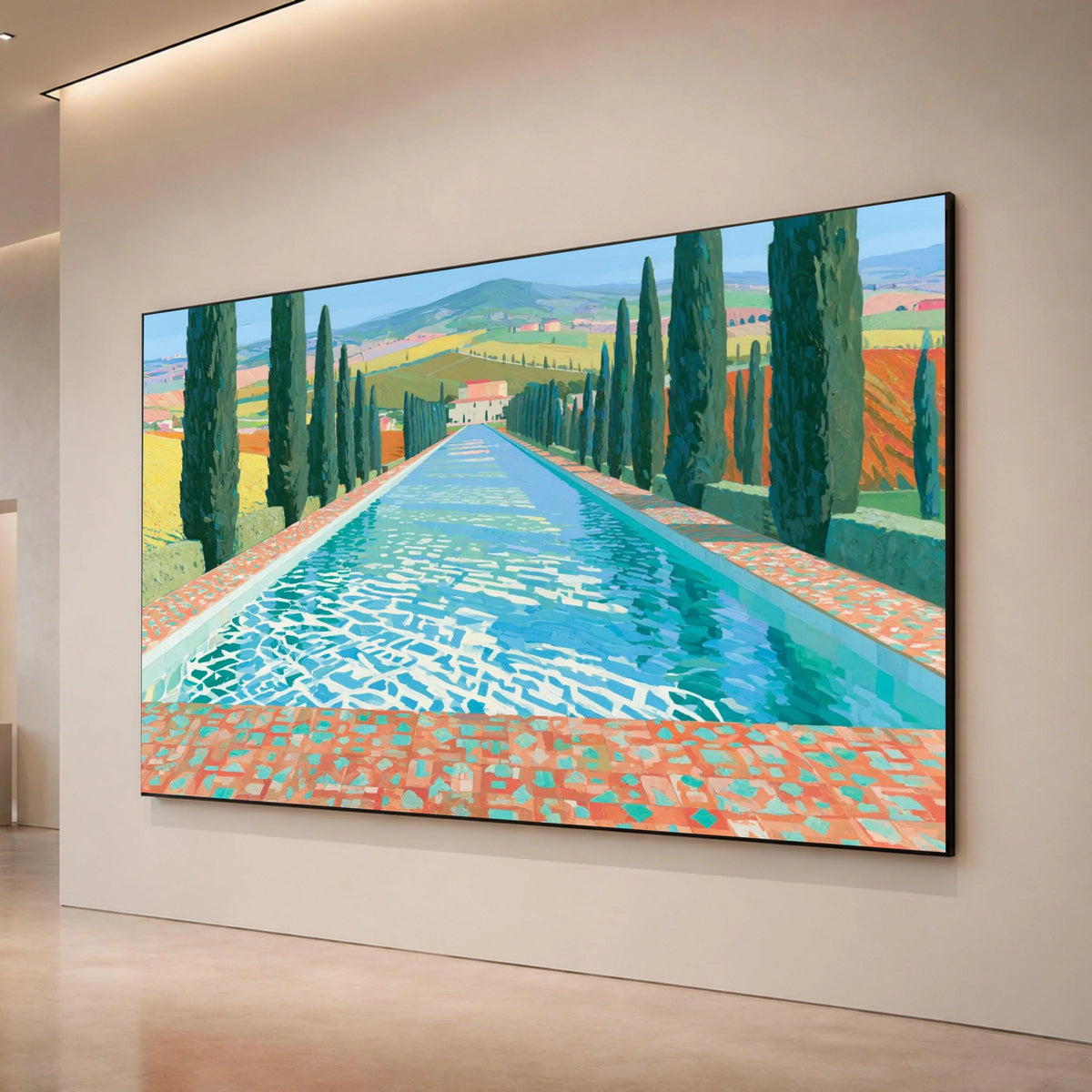 David Hockney Style Italian Landscape Canvas, Cypress Trees and Reflective Pool, Bright Summer Colors Wall Art, Modern Canvas Print Art
