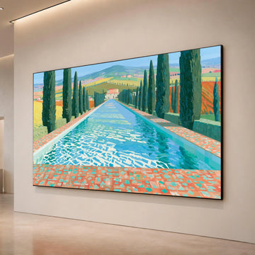 David Hockney Style Italian Landscape Canvas, Cypress Trees and Reflective Pool, Bright Summer Colors Wall Art, Modern Canvas Print Art