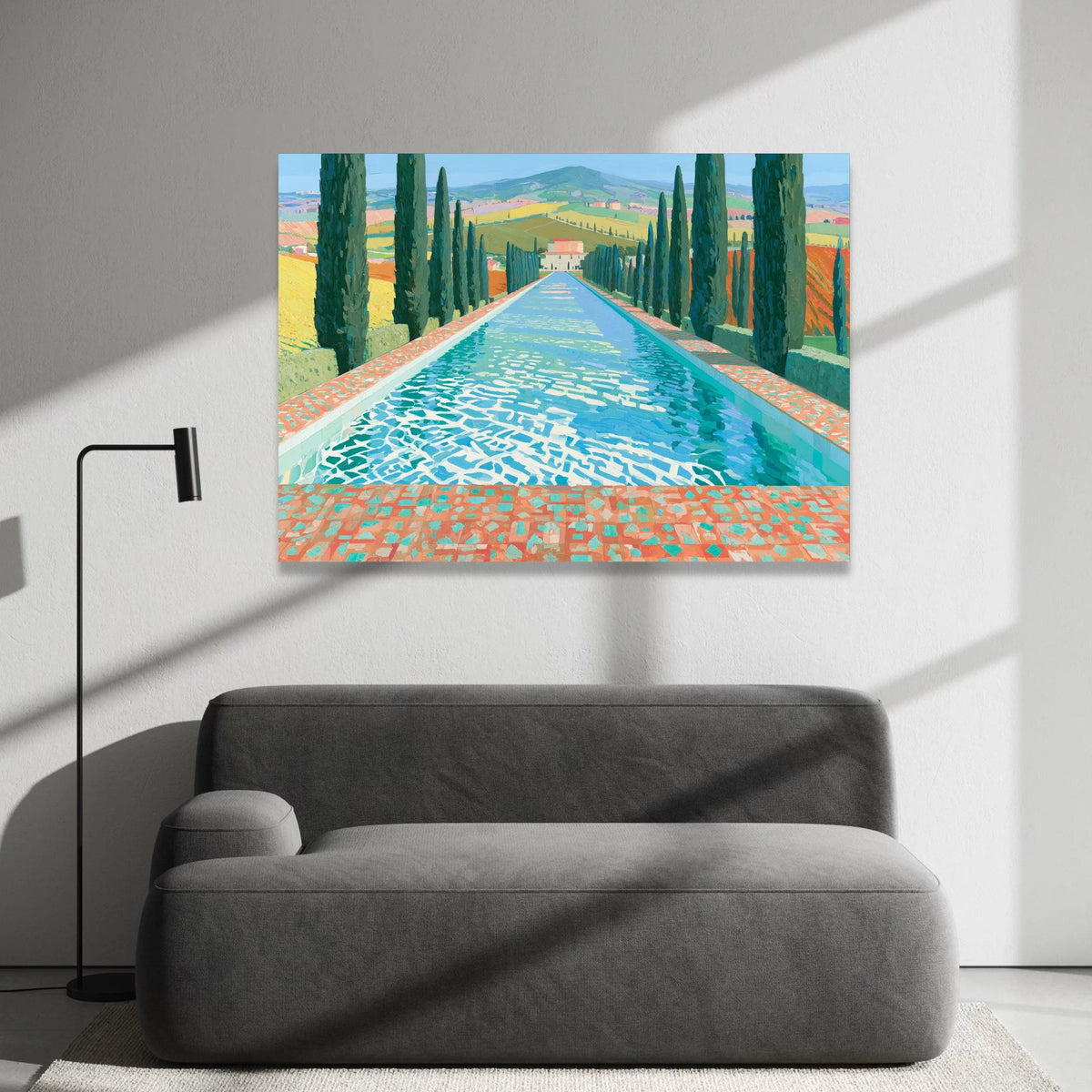 David Hockney Style Italian Landscape Canvas, Cypress Trees and Reflective Pool, Bright Summer Colors Wall Art, Modern Canvas Print Art