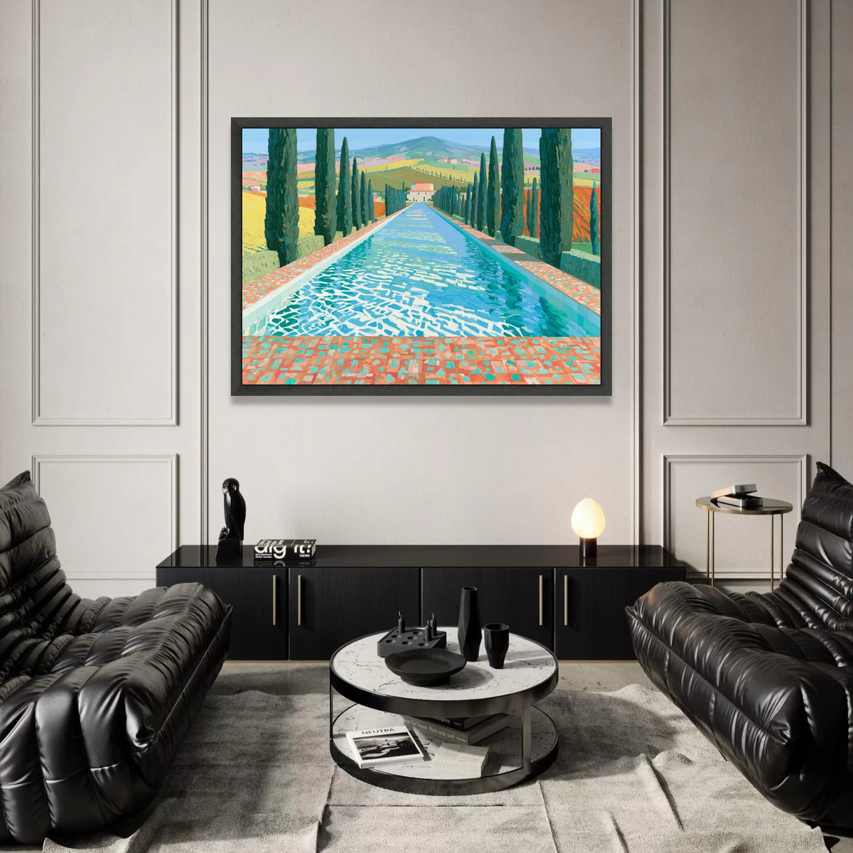 David Hockney Style Italian Landscape Canvas, Cypress Trees and Reflective Pool, Bright Summer Colors Wall Art, Modern Canvas Print Art