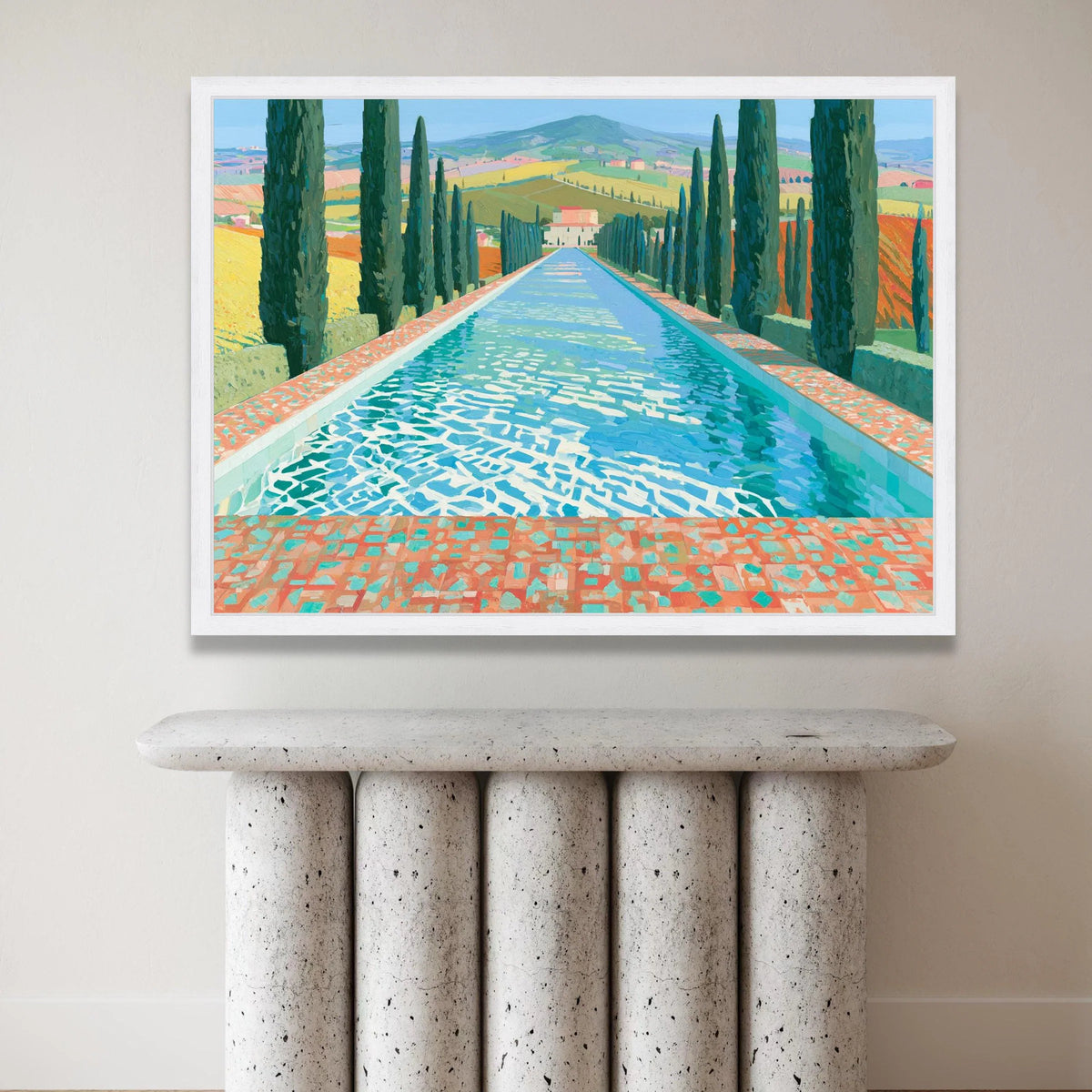 David Hockney Style Italian Landscape Canvas, Cypress Trees and Reflective Pool, Bright Summer Colors Wall Art, Modern Canvas Print Art