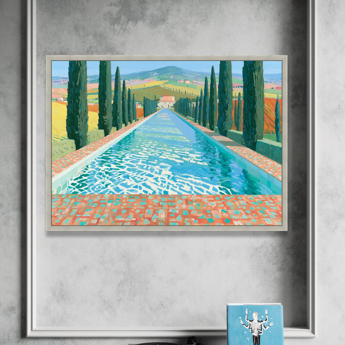 David Hockney Style Italian Landscape Canvas, Cypress Trees and Reflective Pool, Bright Summer Colors Wall Art, Modern Canvas Print Art