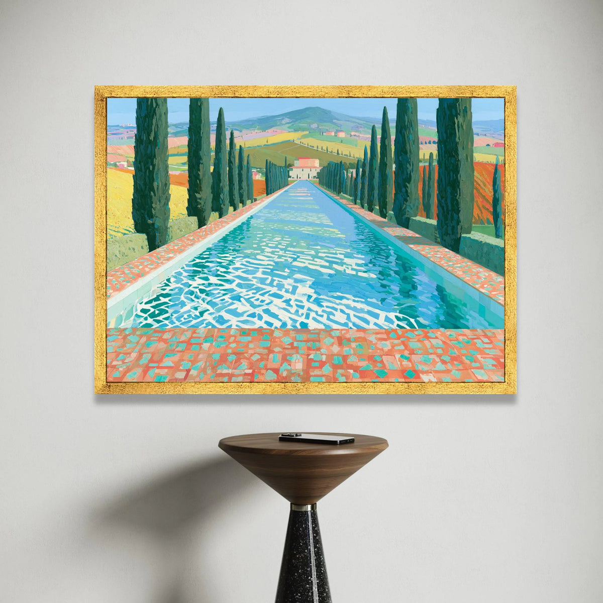 David Hockney Style Italian Landscape Canvas, Cypress Trees and Reflective Pool, Bright Summer Colors Wall Art, Modern Canvas Print Art