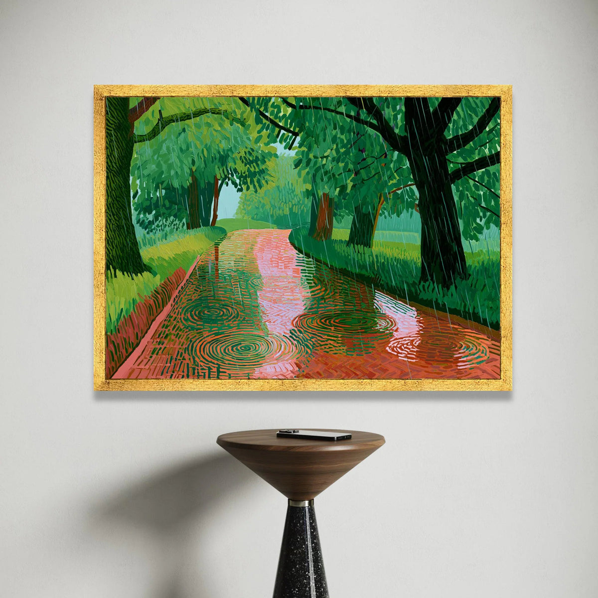 David Hockney Rainy Pathway Canvas Wall Art, Vibrant Green Landscape Painting, Modern Nature Scene, Abstract Tree Canvas Print Art