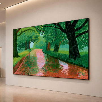David Hockney Rainy Pathway Canvas Wall Art, Vibrant Green Landscape Painting, Modern Nature Scene, Abstract Tree Canvas Print Art