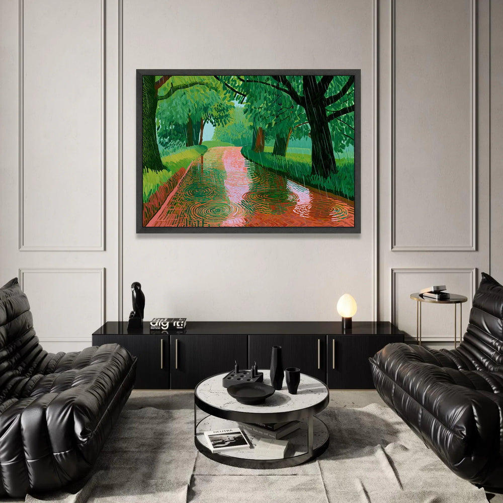 David Hockney Rainy Pathway Canvas Wall Art, Vibrant Green Landscape Painting, Modern Nature Scene, Abstract Tree Canvas Print Art