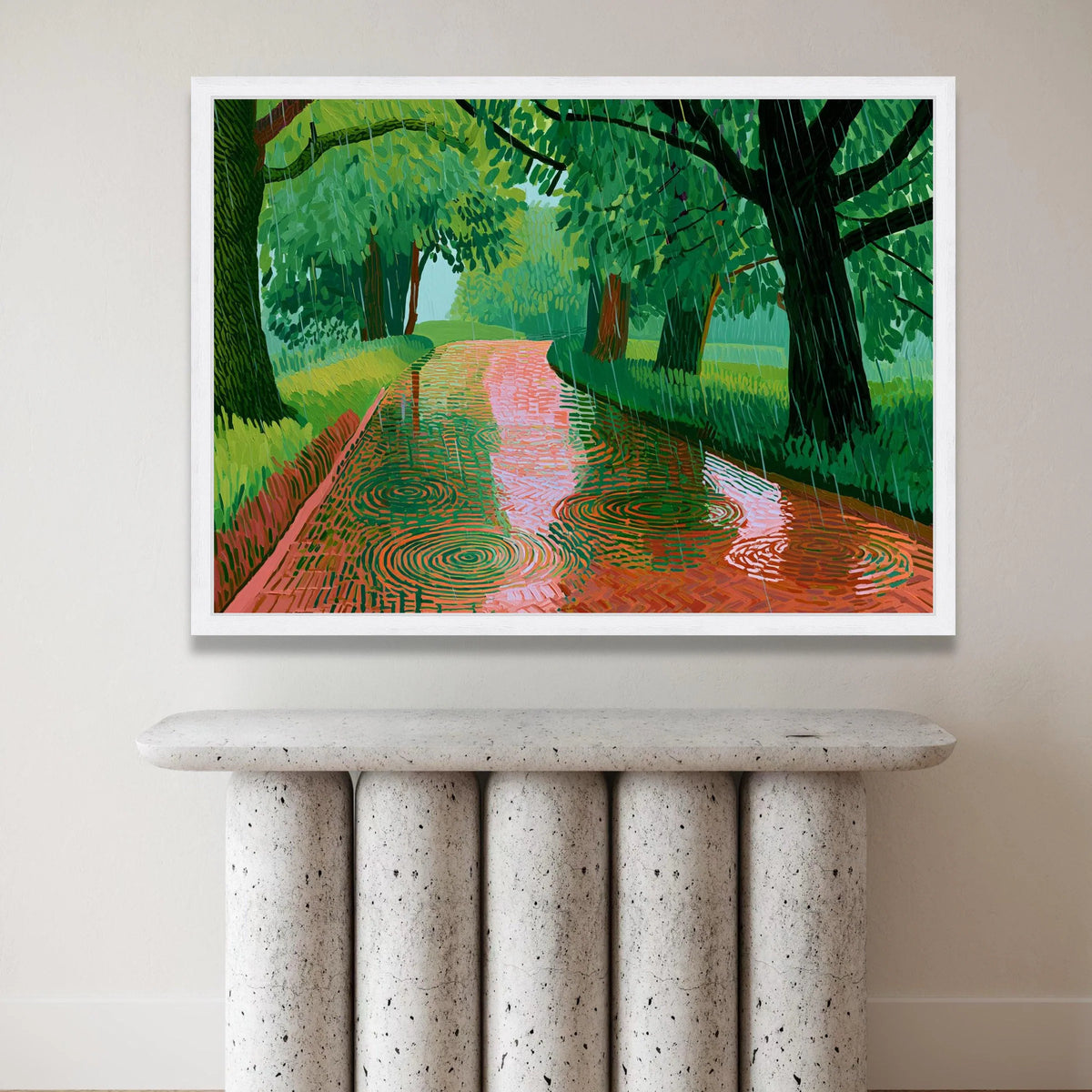 David Hockney Rainy Pathway Canvas Wall Art, Vibrant Green Landscape Painting, Modern Nature Scene, Abstract Tree Canvas Print Art