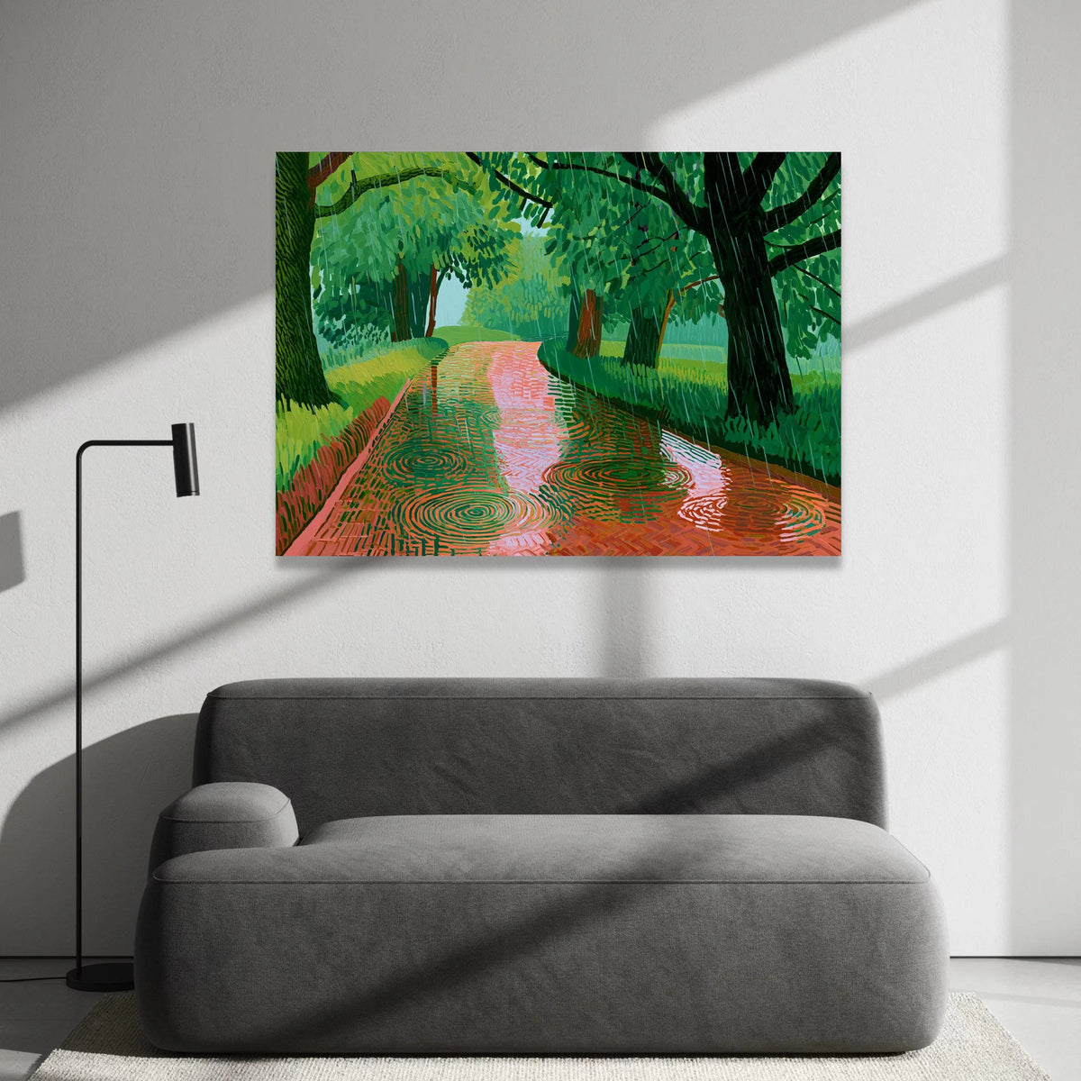 David Hockney Rainy Pathway Canvas Wall Art, Vibrant Green Landscape Painting, Modern Nature Scene, Abstract Tree Canvas Print Art