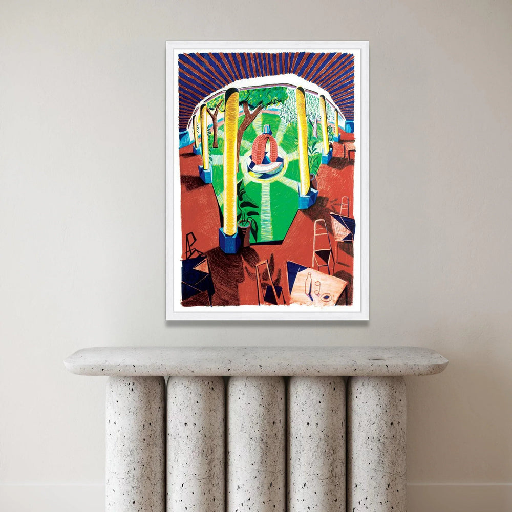 Bright Courtyard Scene Canvas, Outdoor Garden View Wall Art, Vibrant Patio Illustration, Colorful Architectural Canvas, Canvas Print Art