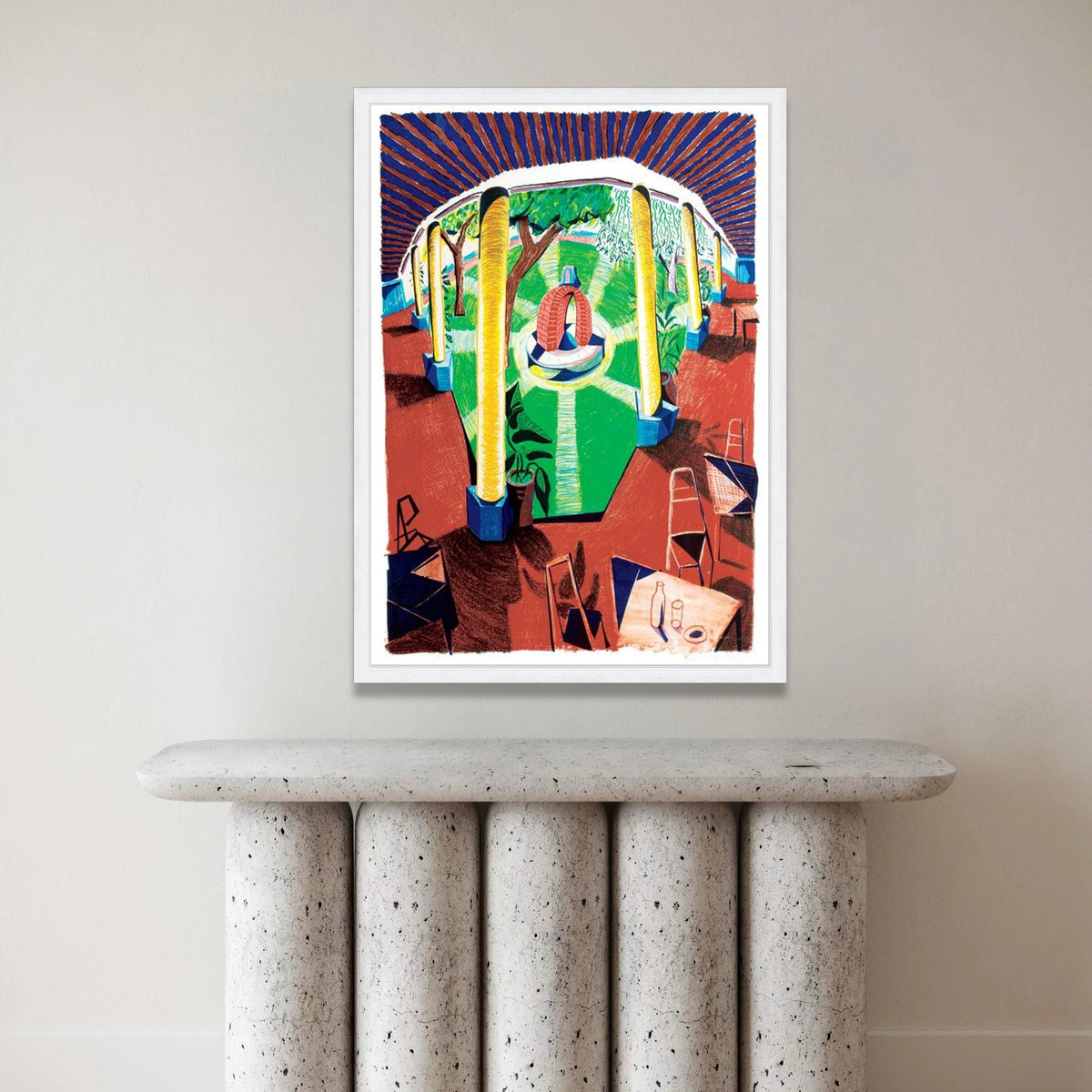 Bright Courtyard Scene Canvas, Outdoor Garden View Wall Art, Vibrant Patio Illustration, Colorful Architectural Canvas, Canvas Print Art