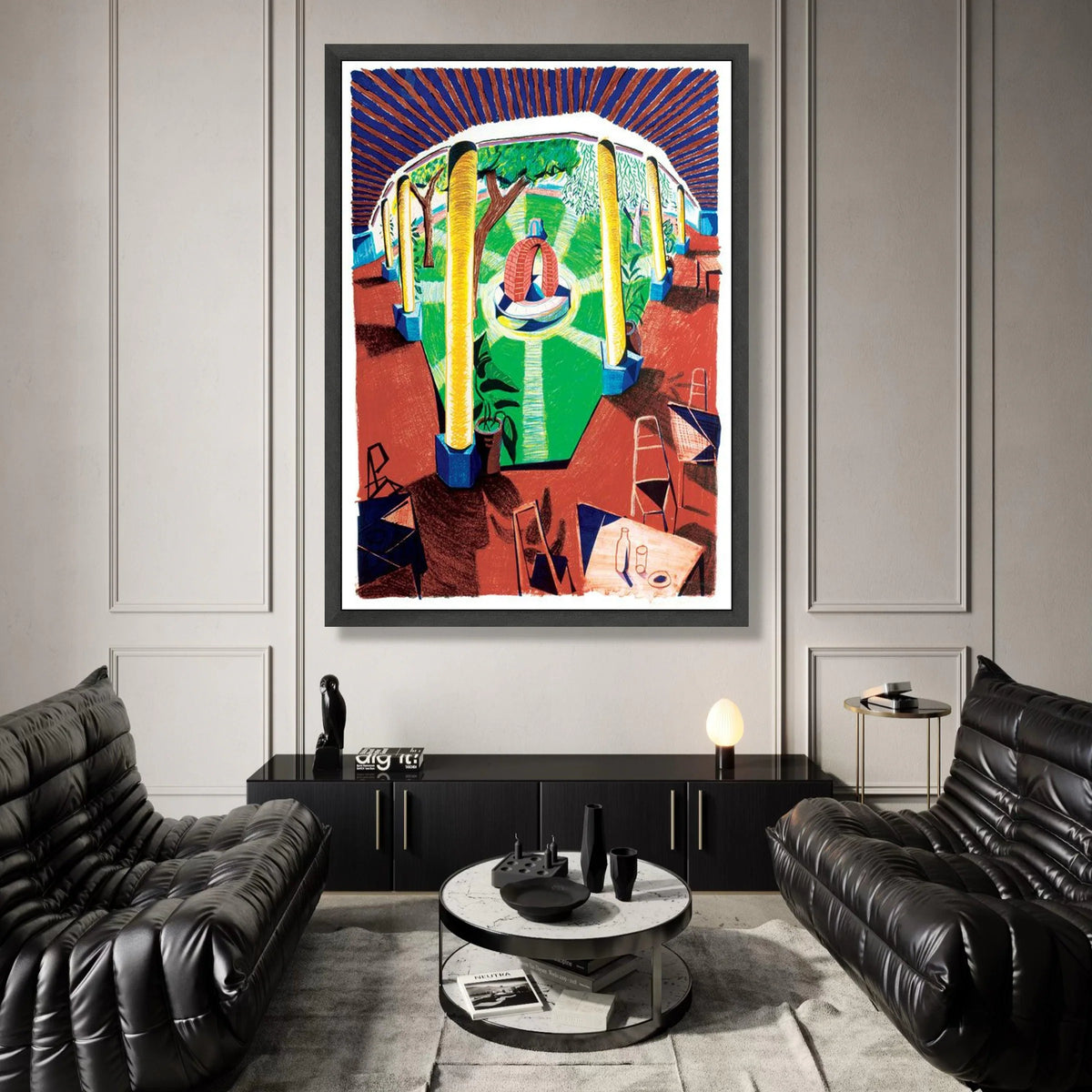Bright Courtyard Scene Canvas, Outdoor Garden View Wall Art, Vibrant Patio Illustration, Colorful Architectural Canvas, Canvas Print Art
