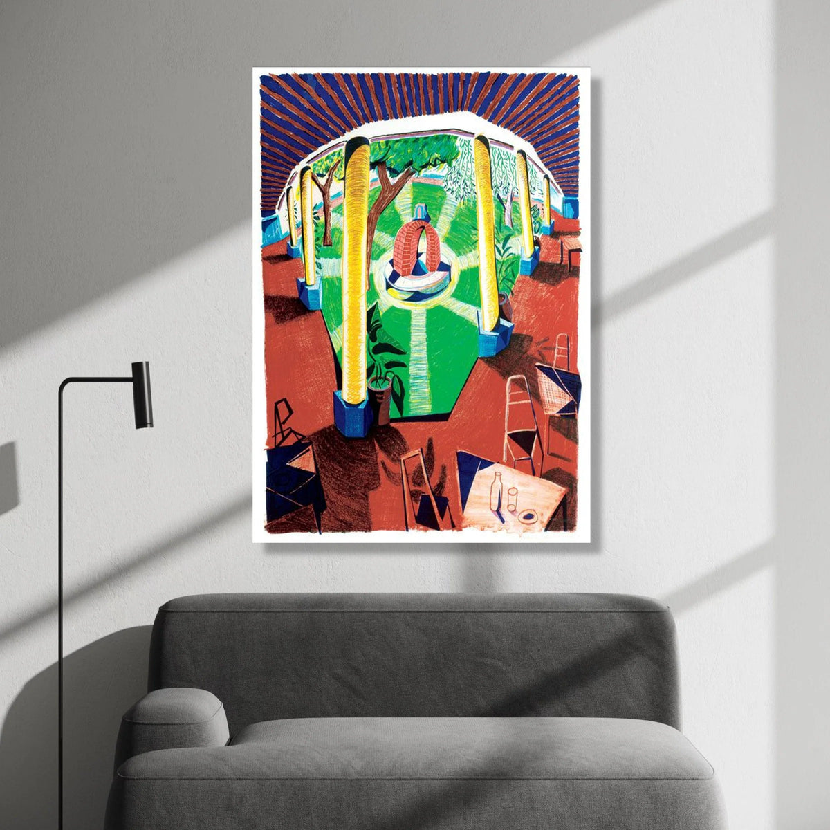 Bright Courtyard Scene Canvas, Outdoor Garden View Wall Art, Vibrant Patio Illustration, Colorful Architectural Canvas, Canvas Print Art