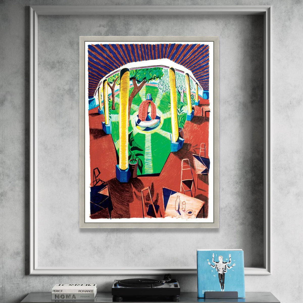 Bright Courtyard Scene Canvas, Outdoor Garden View Wall Art, Vibrant Patio Illustration, Colorful Architectural Canvas, Canvas Print Art