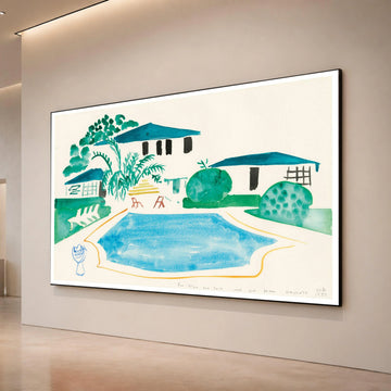 Serene Poolside View, Modern Home Landscape Canvas, Blue and Green Watercolor Wall Art, Minimalist Home Decor, Ready to Canvas Print Art