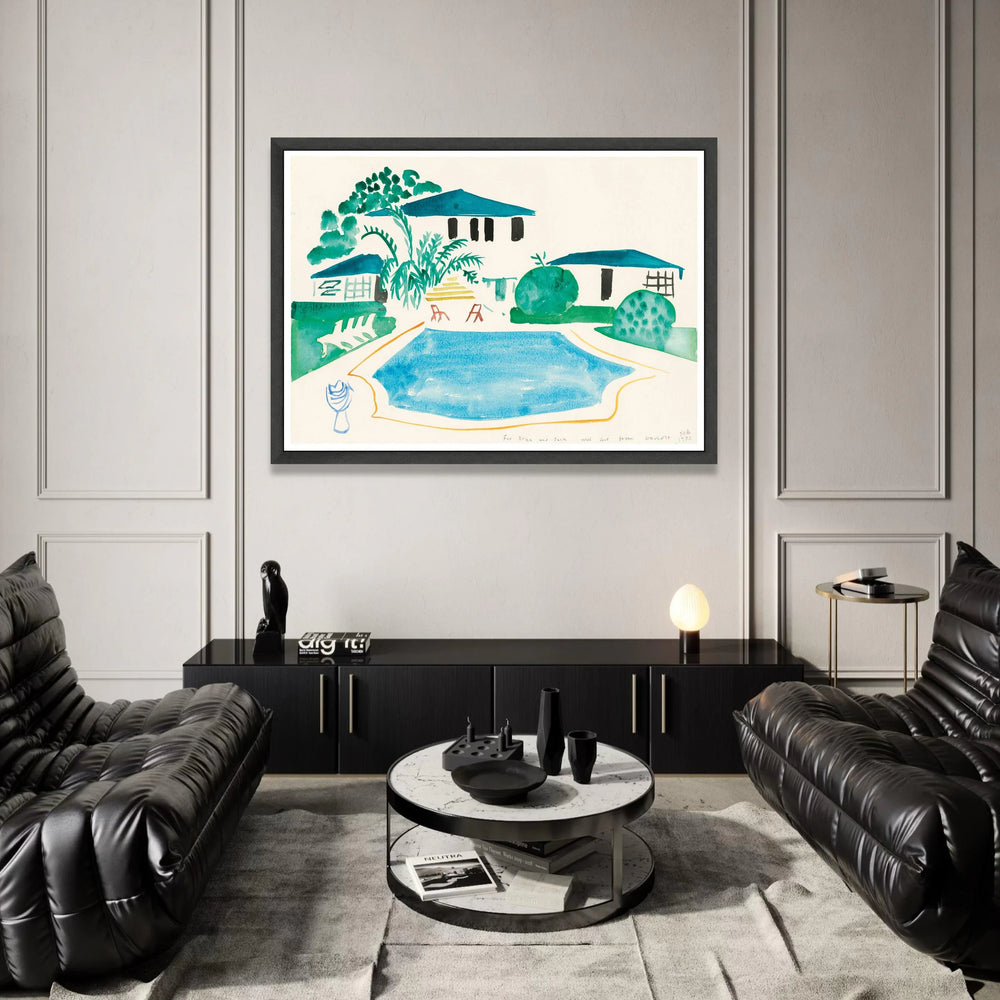 Serene Poolside View, Modern Home Landscape Canvas, Blue and Green Watercolor Wall Art, Minimalist Home Decor, Ready to Canvas Print Art