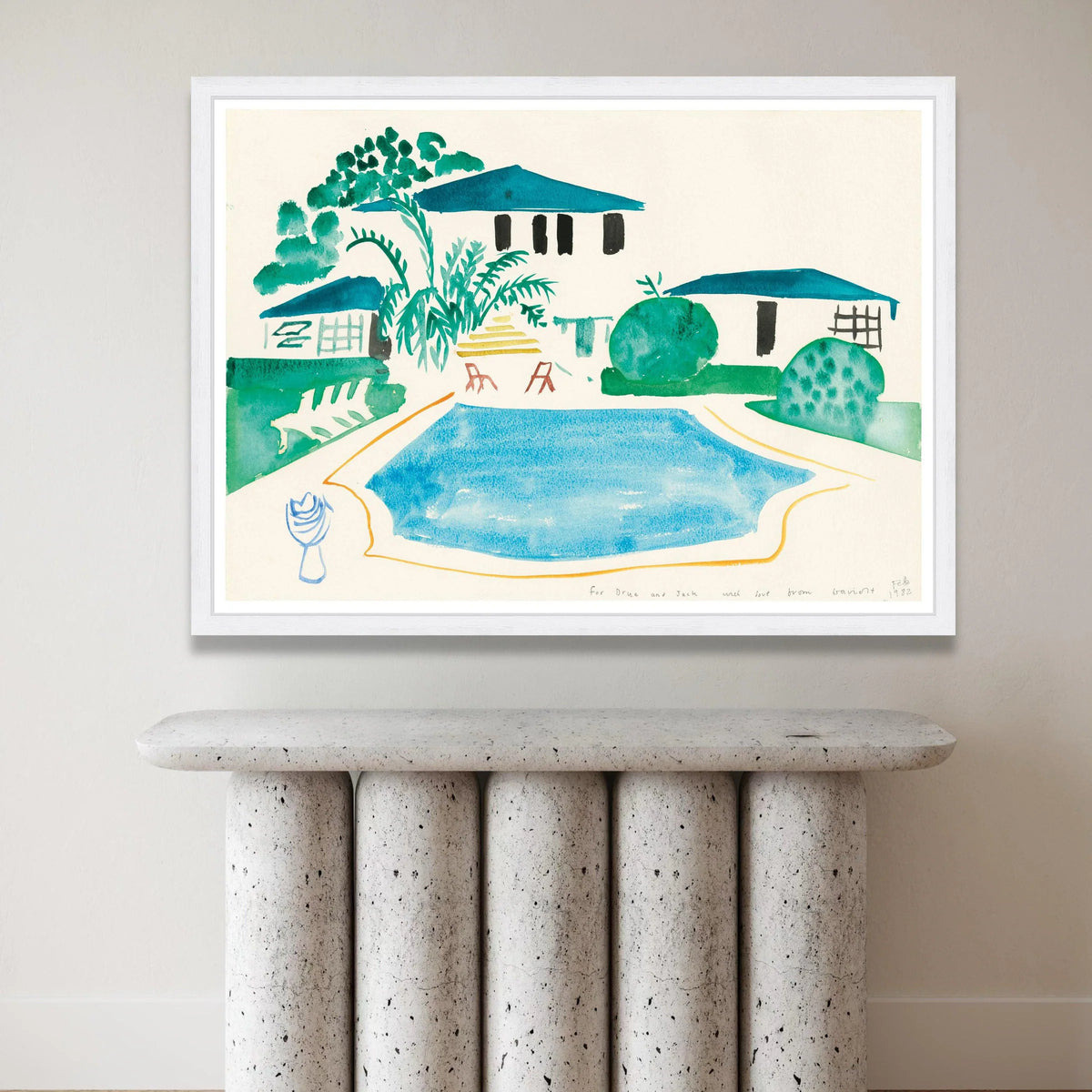 Serene Poolside View, Modern Home Landscape Canvas, Blue and Green Watercolor Wall Art, Minimalist Home Decor, Ready to Canvas Print Art