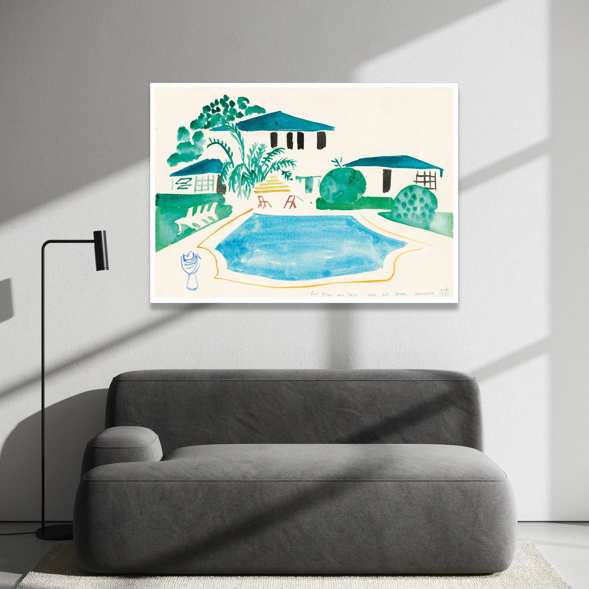 Serene Poolside View, Modern Home Landscape Canvas, Blue and Green Watercolor Wall Art, Minimalist Home Decor, Ready to Canvas Print Art