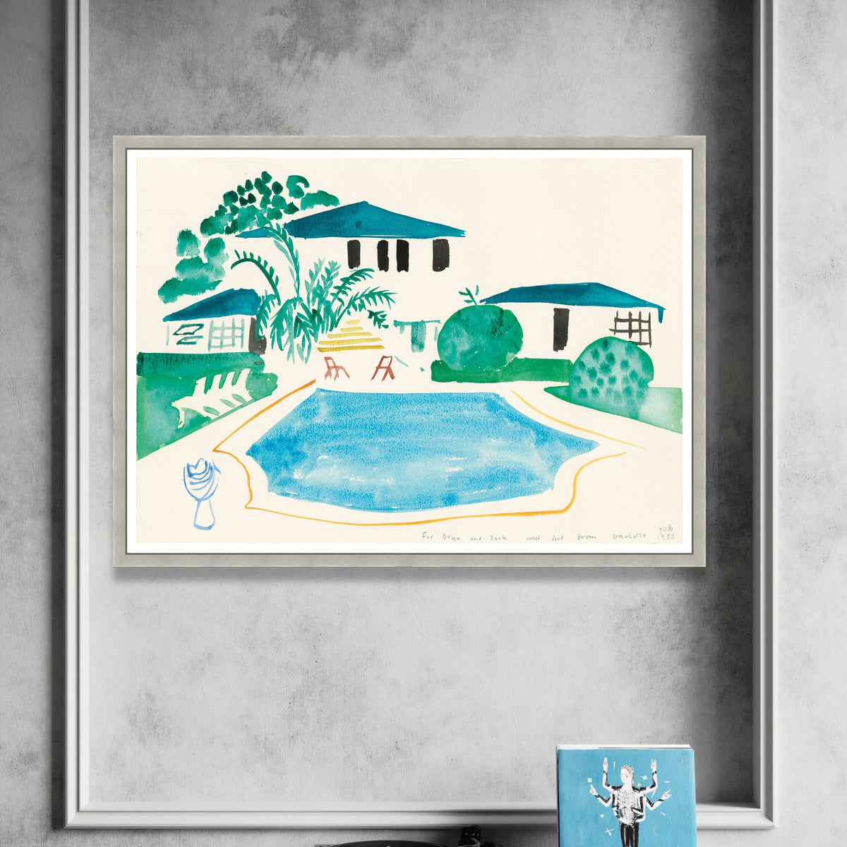 Serene Poolside View, Modern Home Landscape Canvas, Blue and Green Watercolor Wall Art, Minimalist Home Decor, Ready to Canvas Print Art