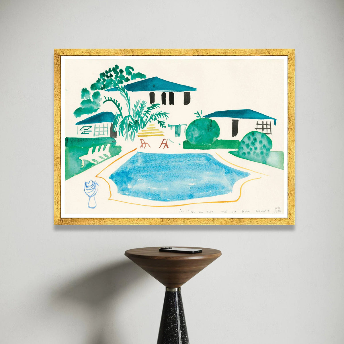 Serene Poolside View, Modern Home Landscape Canvas, Blue and Green Watercolor Wall Art, Minimalist Home Decor, Ready to Canvas Print Art