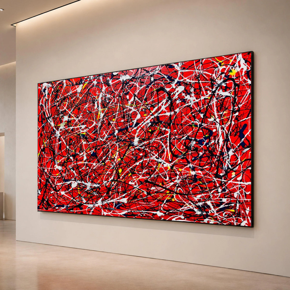Jackson Pollock Style Abstract Canvas, Red Drip Splatter Wall Art, Energetic Modern Expressionist Painting, Bold Colorful Canvas Print Art
