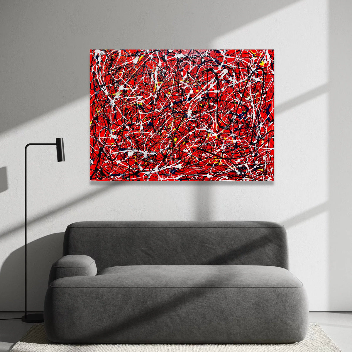 Jackson Pollock Style Abstract Canvas, Red Drip Splatter Wall Art, Energetic Modern Expressionist Painting, Bold Colorful Canvas Print Art