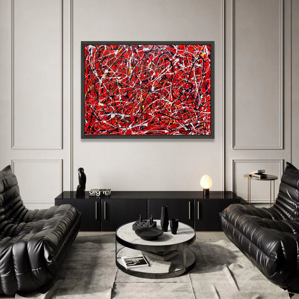 Jackson Pollock Style Abstract Canvas, Red Drip Splatter Wall Art, Energetic Modern Expressionist Painting, Bold Colorful Canvas Print Art