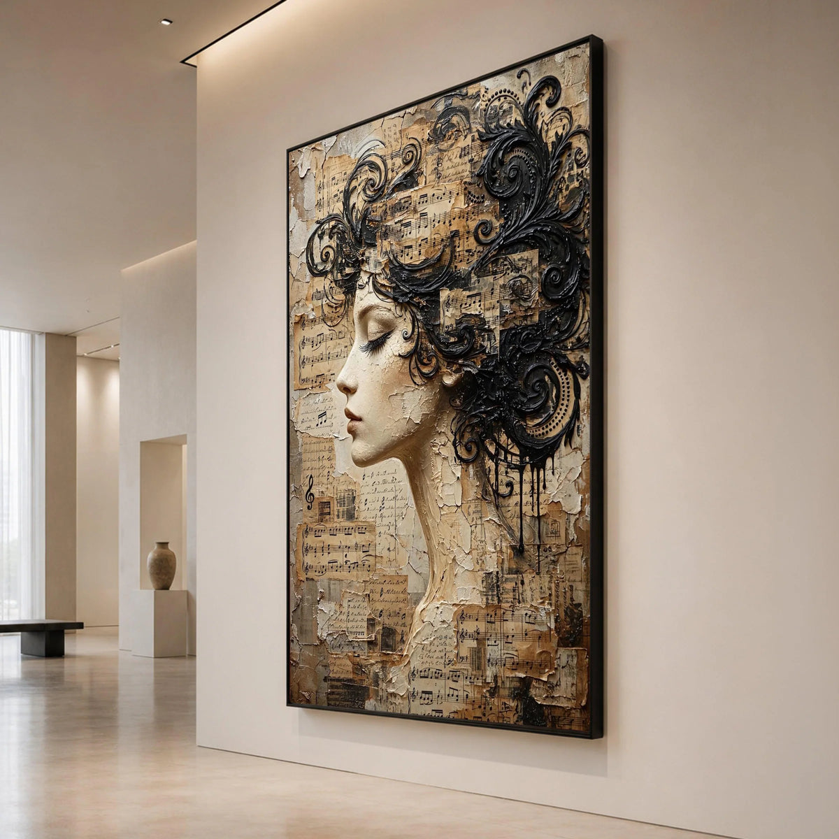Elegant Woman Profile Canvas Wall Art, Musical Notes Collage, Vintage Sheet Music Design, Artistic Female Portrait, Home Canvas Print Art