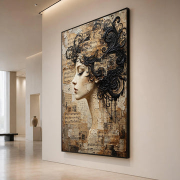 Elegant Woman Profile Canvas Wall Art, Musical Notes Collage, Vintage Sheet Music Design, Artistic Female Portrait, Home Canvas Print Art