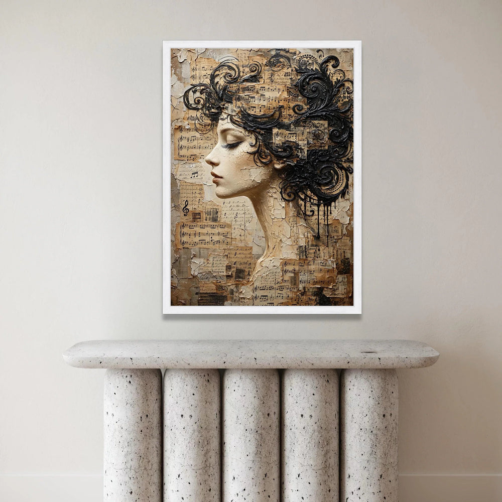 Elegant Woman Profile Canvas Wall Art, Musical Notes Collage, Vintage Sheet Music Design, Artistic Female Portrait, Home Canvas Print Art