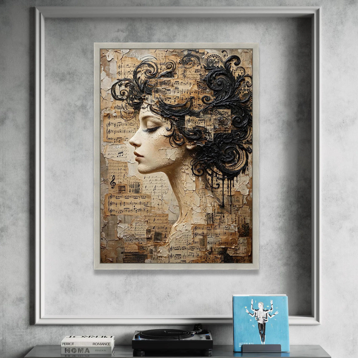Elegant Woman Profile Canvas Wall Art, Musical Notes Collage, Vintage Sheet Music Design, Artistic Female Portrait, Home Canvas Print Art