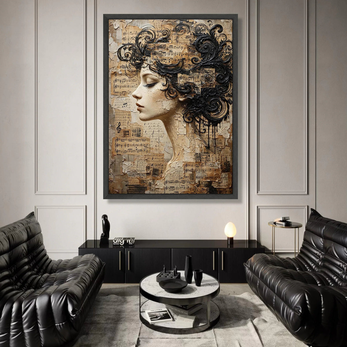 Elegant Woman Profile Canvas Wall Art, Musical Notes Collage, Vintage Sheet Music Design, Artistic Female Portrait, Home Canvas Print Art