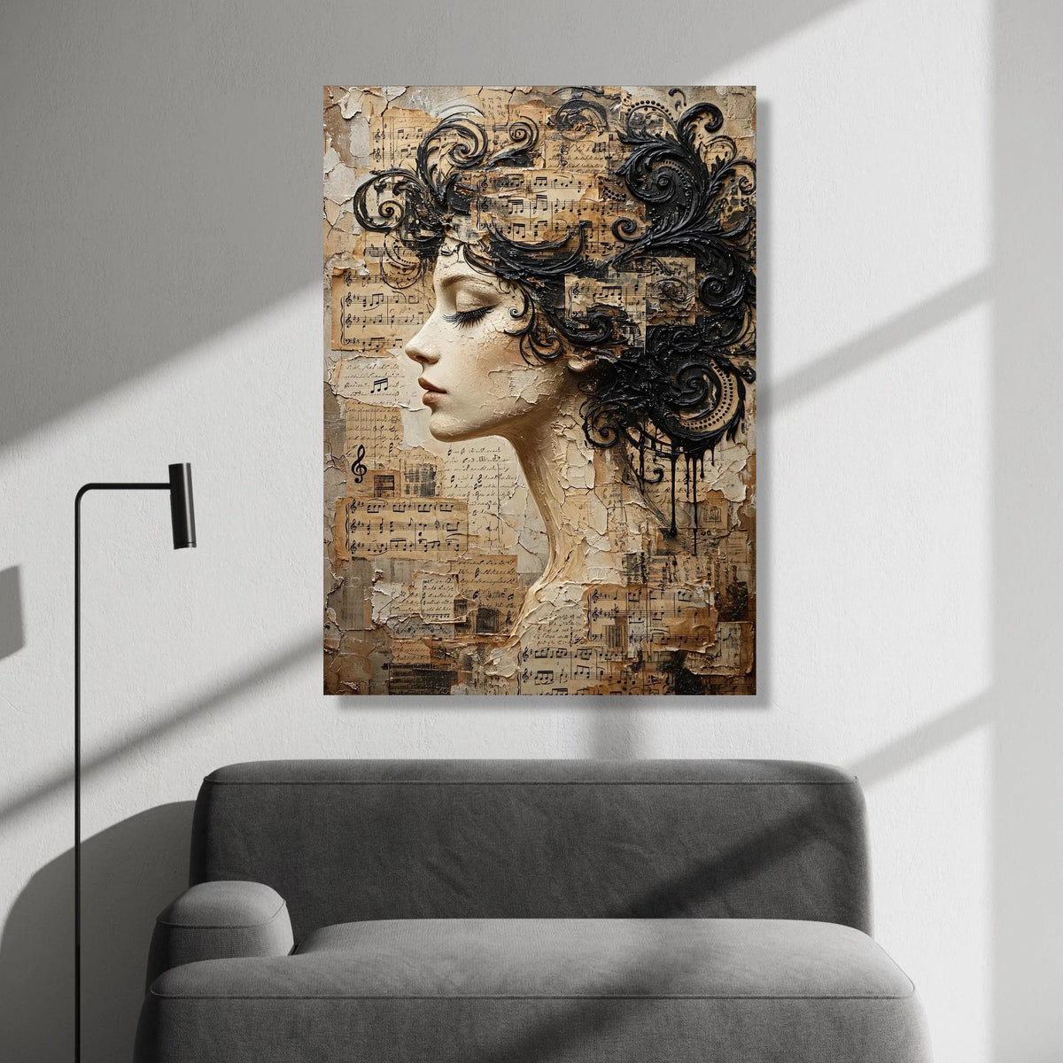Elegant Woman Profile Canvas Wall Art, Musical Notes Collage, Vintage Sheet Music Design, Artistic Female Portrait, Home Canvas Print Art