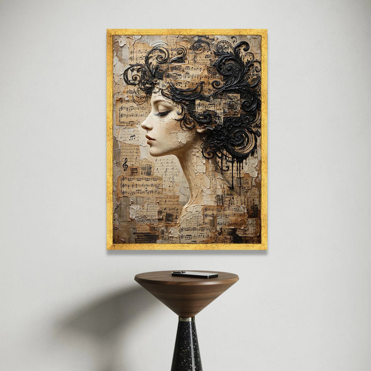Elegant Woman Profile Canvas Wall Art, Musical Notes Collage, Vintage Sheet Music Design, Artistic Female Portrait, Home Canvas Print Art