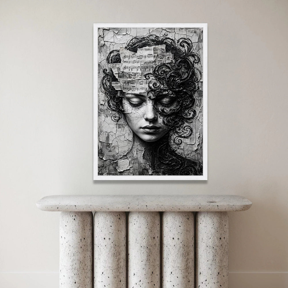 Melancholy Woman Portrait Canvas, Musical Notes Wall Art, Abstract Face Design, Black and White Canvas Decor, Artistic Home Canvas Print Art