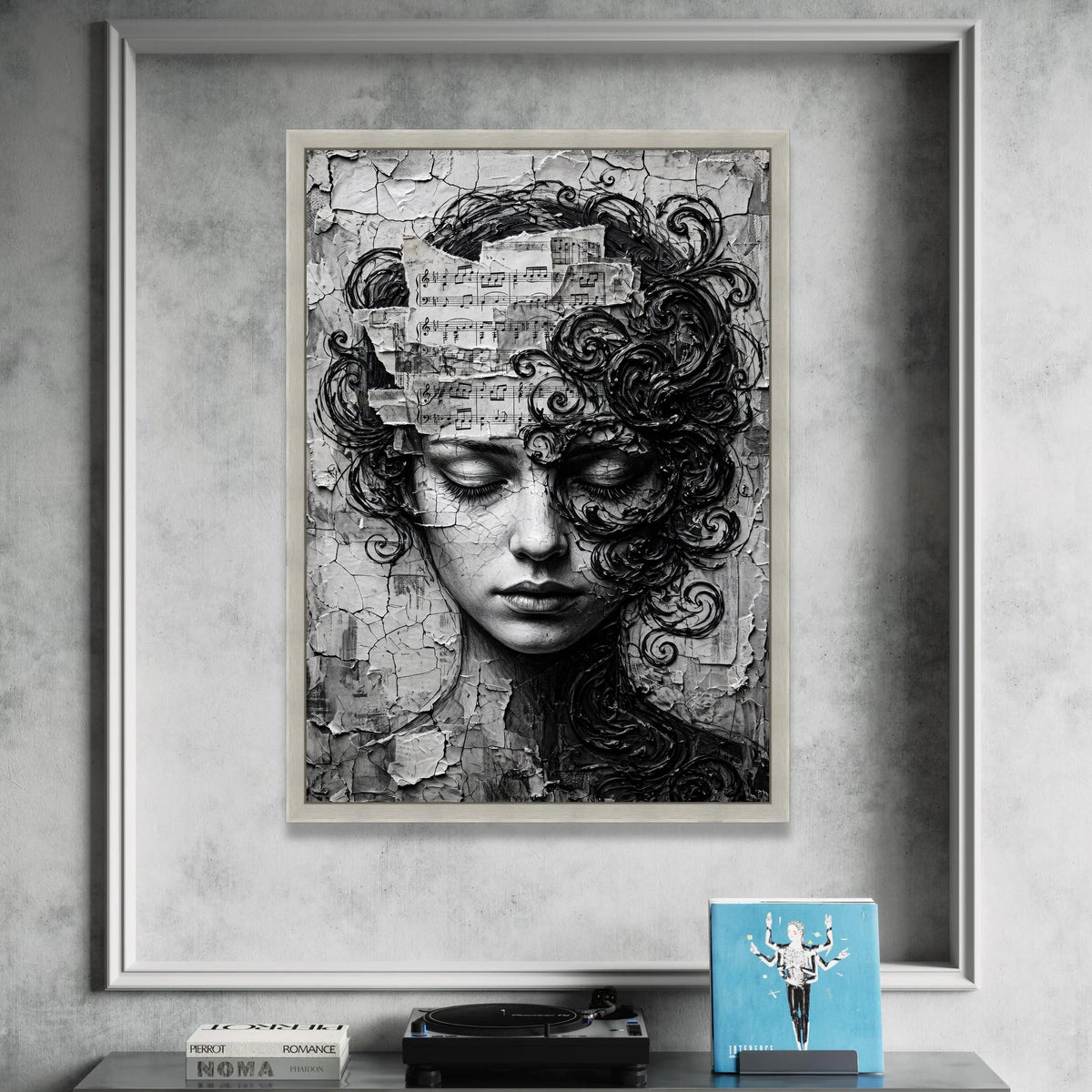 Melancholy Woman Portrait Canvas, Musical Notes Wall Art, Abstract Face Design, Black and White Canvas Decor, Artistic Home Canvas Print Art