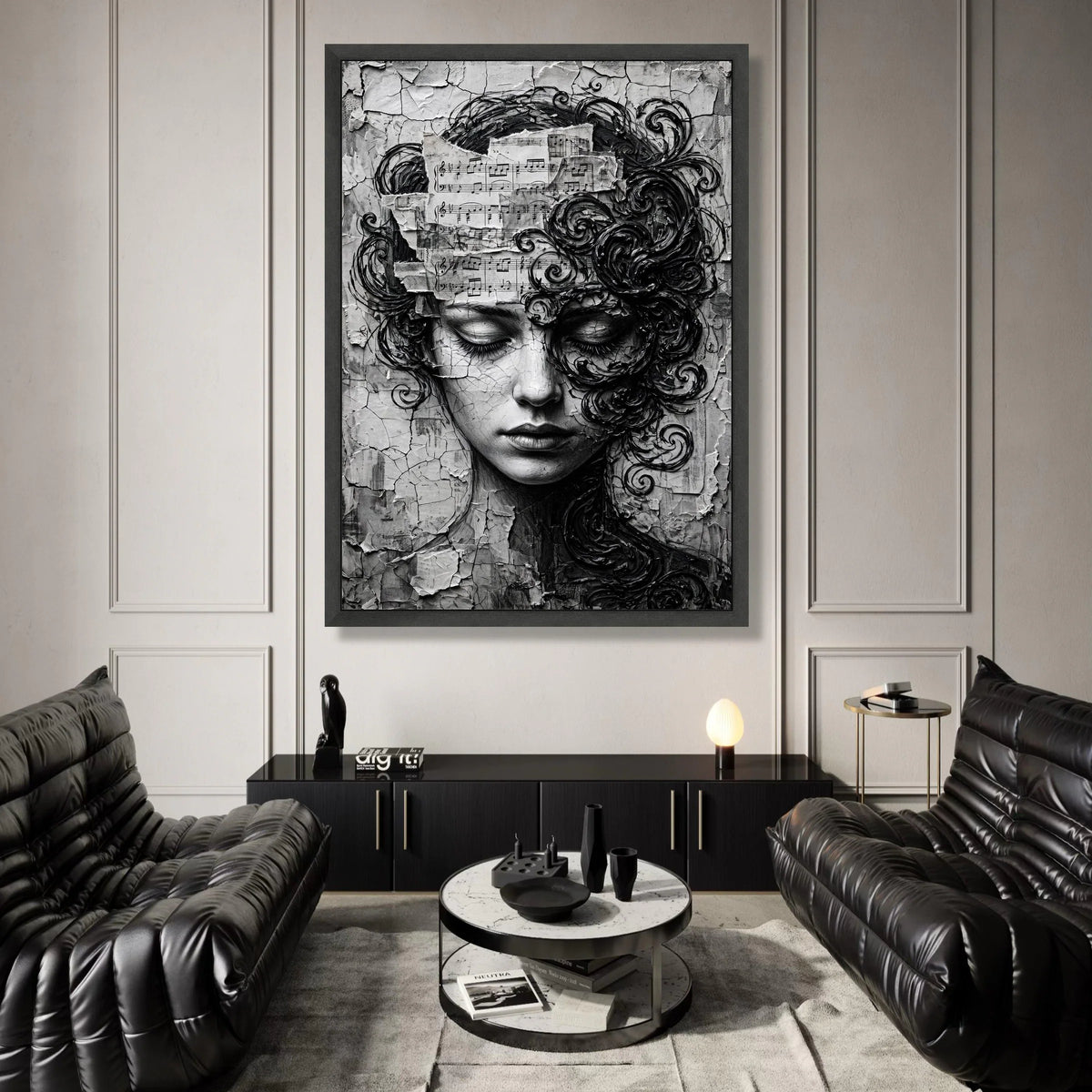 Melancholy Woman Portrait Canvas, Musical Notes Wall Art, Abstract Face Design, Black and White Canvas Decor, Artistic Home Canvas Print Art