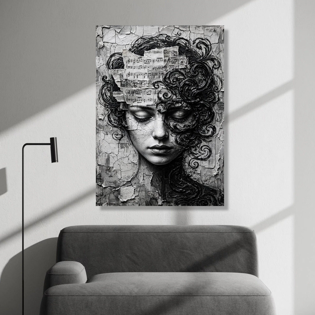 Melancholy Woman Portrait Canvas, Musical Notes Wall Art, Abstract Face Design, Black and White Canvas Decor, Artistic Home Canvas Print Art