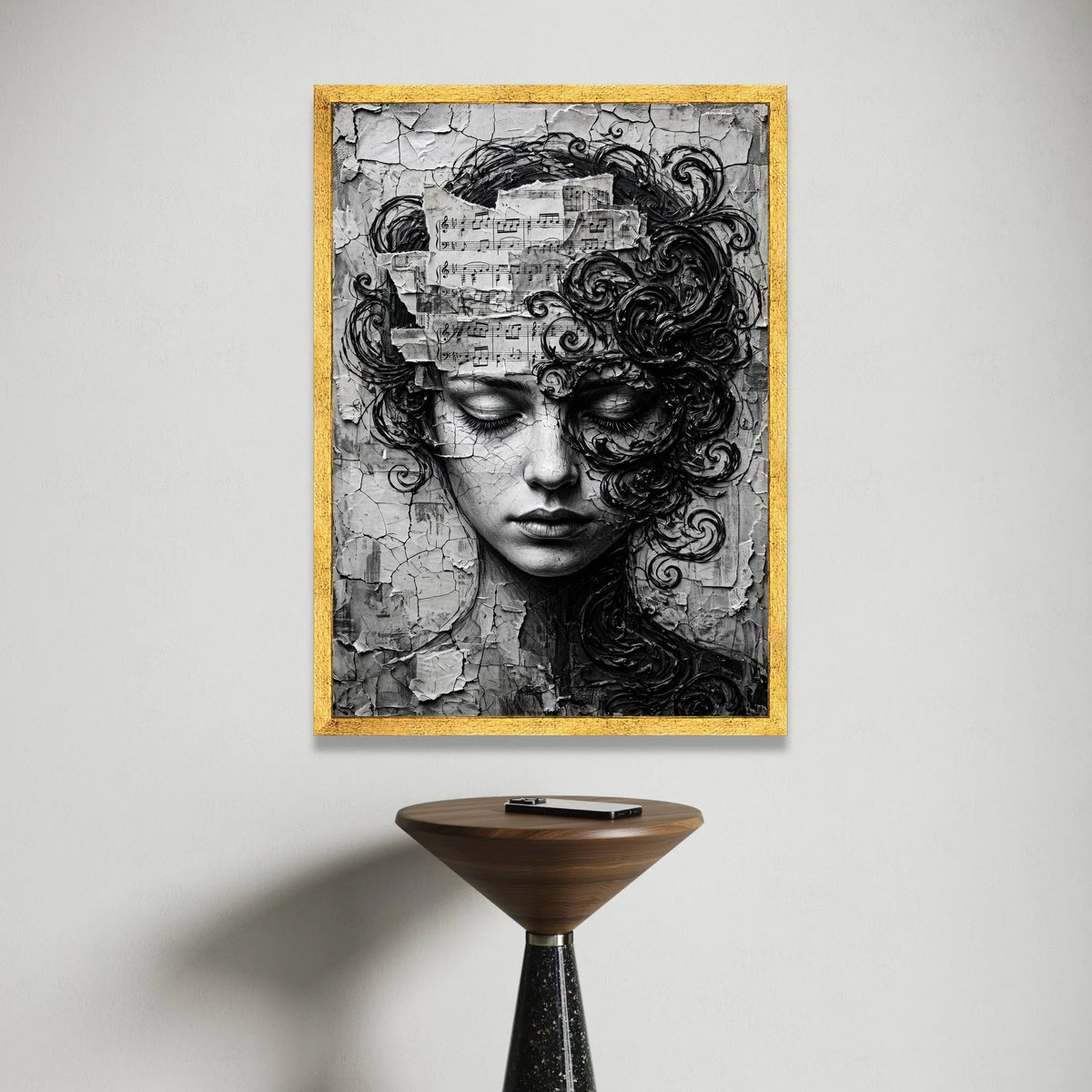 Melancholy Woman Portrait Canvas, Musical Notes Wall Art, Abstract Face Design, Black and White Canvas Decor, Artistic Home Canvas Print Art