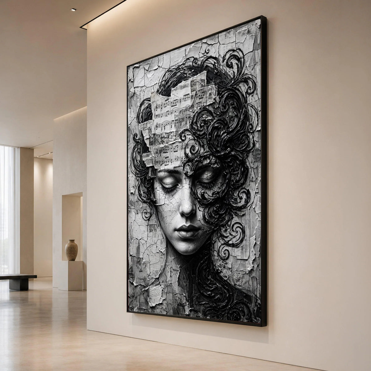 Melancholy Woman Portrait Canvas, Musical Notes Wall Art, Abstract Face Design, Black and White Canvas Decor, Artistic Home Canvas Print Art