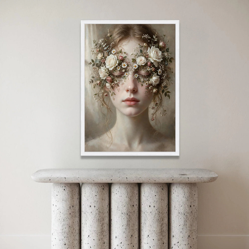 Dreamy Floral Crown Portrait Canvas, Feminine Face Wall Art, Romantic Botanical Canvas, Soft Pastel Home Decoration, Canvas Print Art