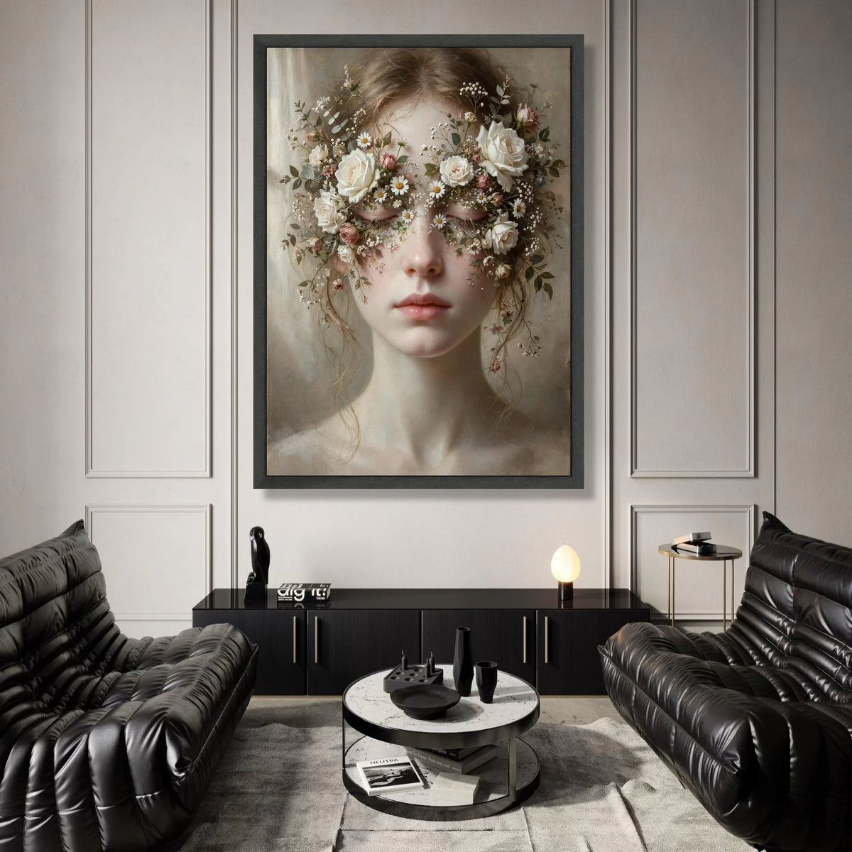 Dreamy Floral Crown Portrait Canvas, Feminine Face Wall Art, Romantic Botanical Canvas, Soft Pastel Home Decoration, Canvas Print Art