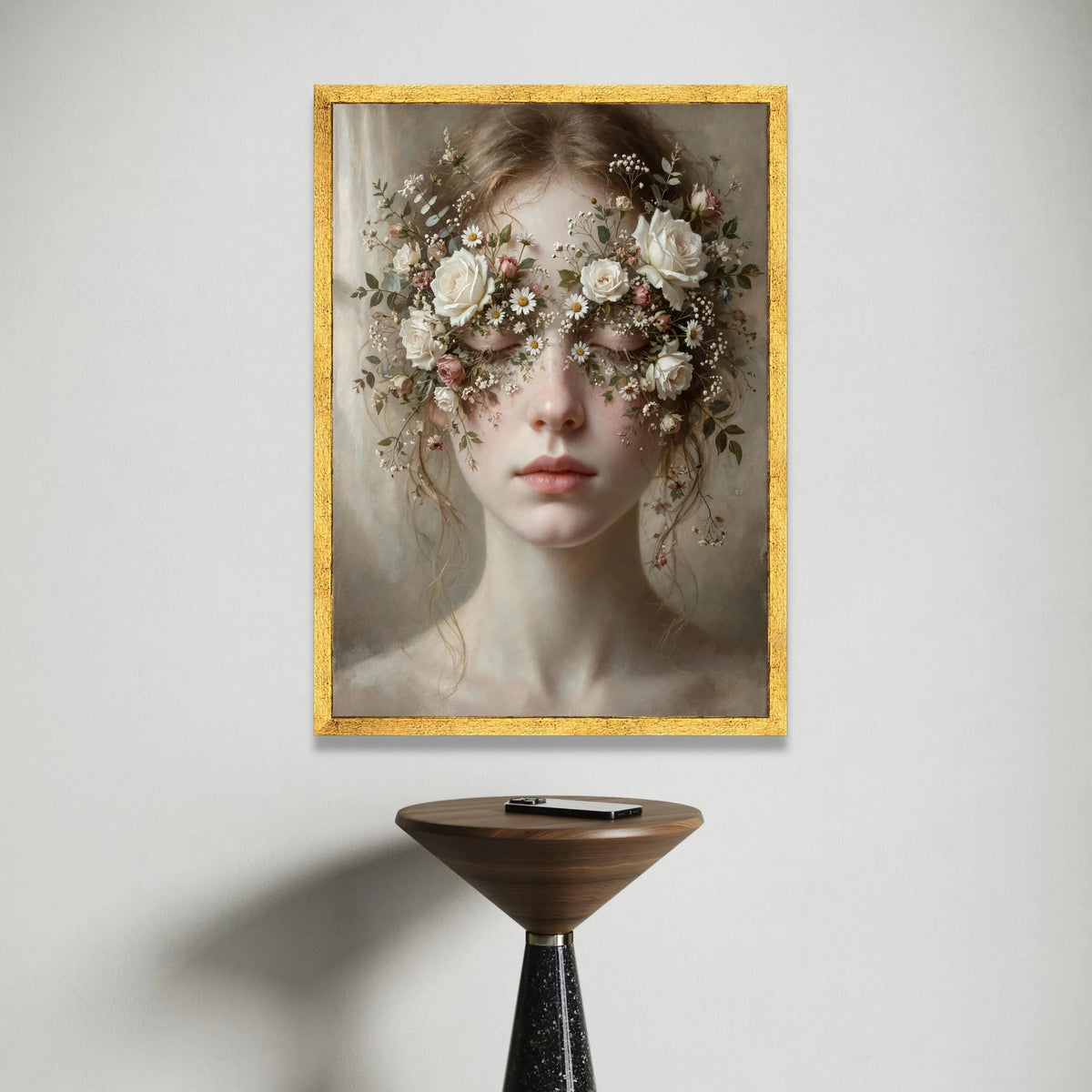 Dreamy Floral Crown Portrait Canvas, Feminine Face Wall Art, Romantic Botanical Canvas, Soft Pastel Home Decoration, Canvas Print Art