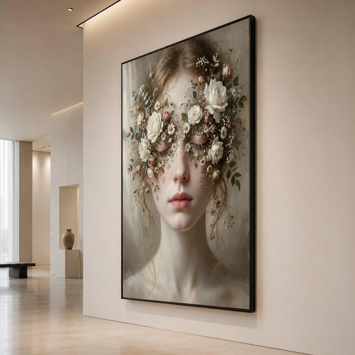 Dreamy Floral Crown Portrait Canvas, Feminine Face Wall Art, Romantic Botanical Canvas, Soft Pastel Home Decoration, Canvas Print Art