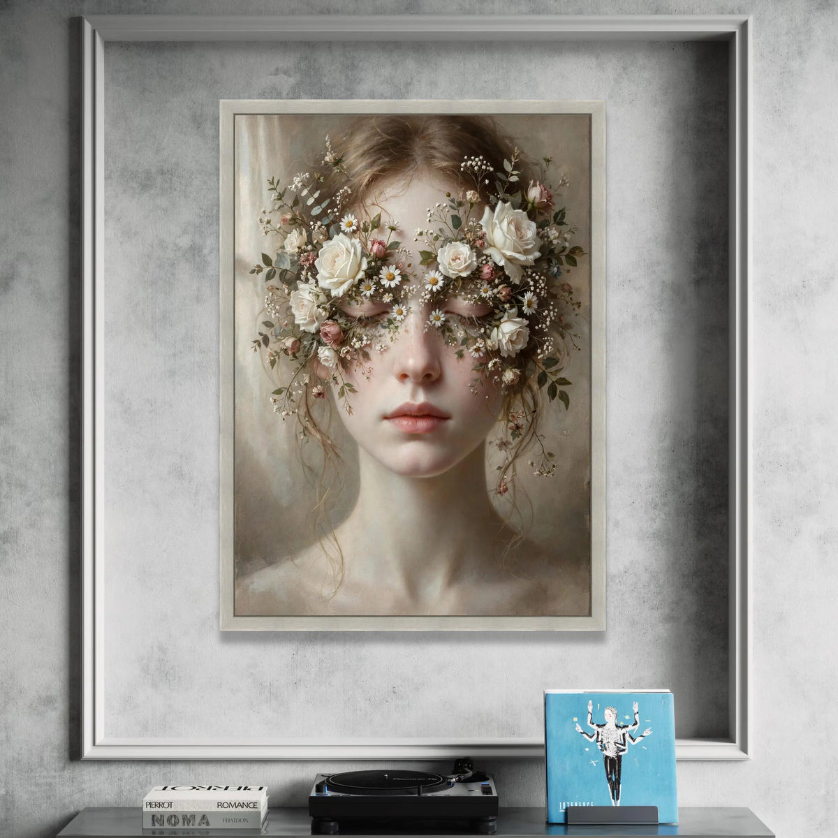 Dreamy Floral Crown Portrait Canvas, Feminine Face Wall Art, Romantic Botanical Canvas, Soft Pastel Home Decoration, Canvas Print Art