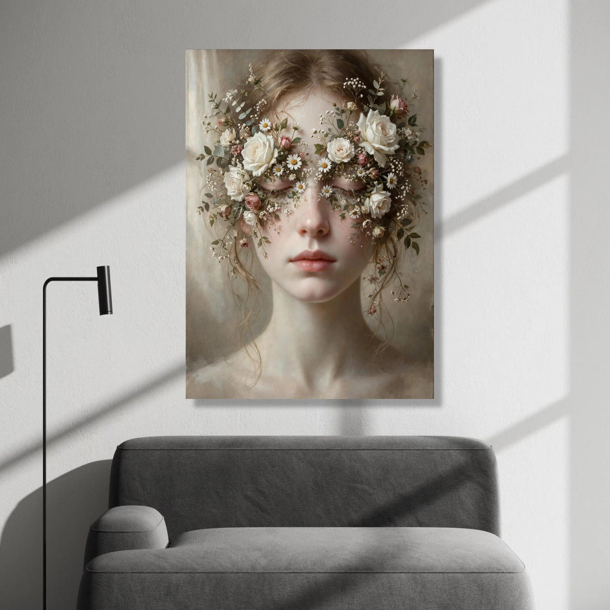 Dreamy Floral Crown Portrait Canvas, Feminine Face Wall Art, Romantic Botanical Canvas, Soft Pastel Home Decoration, Canvas Print Art