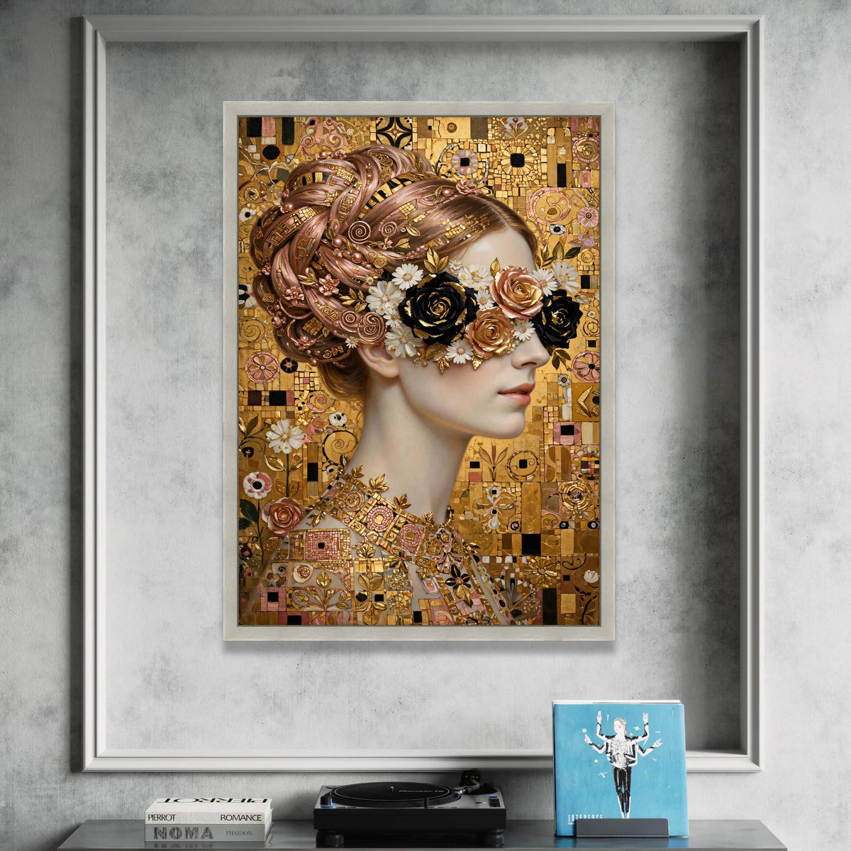Elegant Woman Portrait Canvas, Floral Eye Mask Design, Golden Mosaic Background, Modern Art Wall Decor, Feminine Glamour Canvas Print Art